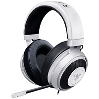 Razer Kraken Pro V2 – Analog Gaming Headset – White–OVAL Ear Cushions. 50 mm audio drivers, Unibody aluminum frame, Fully-retractable microphone with in-line remote, 3.5 mm combined jack.