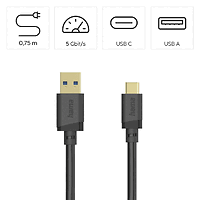 Кабел USB-C - USB- А мъжко,USB 3.2 Gen 1, 0.75м, 5Gbit/s