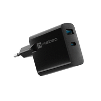 Адаптер, Natec USB Charger Ribera Gan 1X USB-A + 1X USB-C 45W, Black