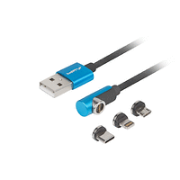 Кабел, Lanberg 3in1 USB-A (M) -> USB MICRO(M) + LIGHTNING (M) + USB-C (M) 2.0 1m, angled QC 3.0 magnetic