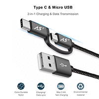 КАБЕЛ MICRO USB + TYPE C MALE - USB A MALE (ТЕКСТИЛНА ОПЛЕТКА) 2m