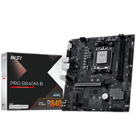 MSI PRO B840M-B, mATX, Socket AM5, 2x DDR5 Dual Channel DDR5 up to 8000(OC)MHz, 1x PCIe x16 slot, 2x M.2 slot, 2x USB 2.0, 4x USB 5Gbps, HDMI, VGA, 7.1 HD Audio, 2.5G LAN, 3Y